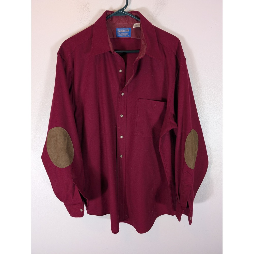 Pendleton Mens XL Wool Shirt Burgundy Red Elbow Patches Button Down Made in USA